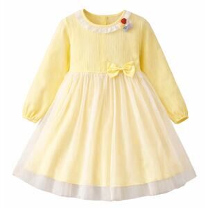 Girls Yellow Easter Dress 5T Tulle Overlay Eyelet Pearl Flower Long Sleeve